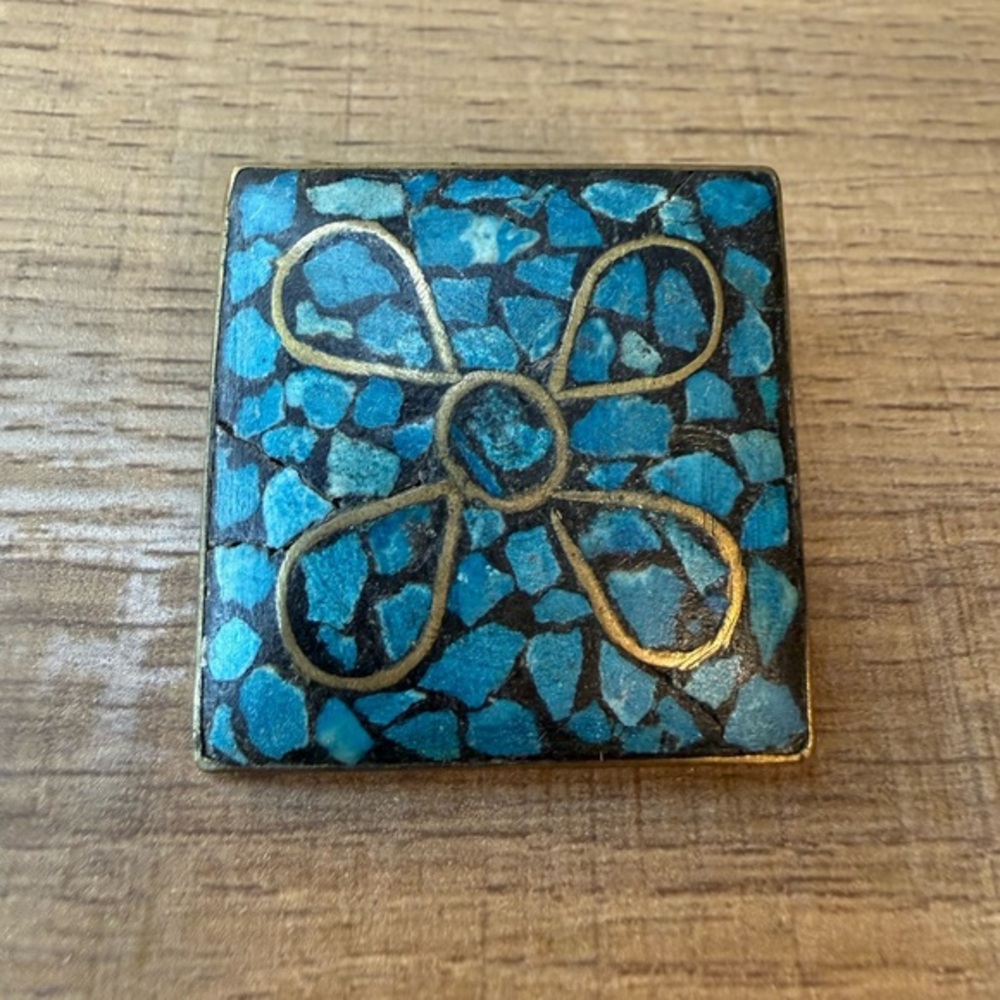 Vintage India Brass Turquoise Inlay Pin | Floral Mosaic